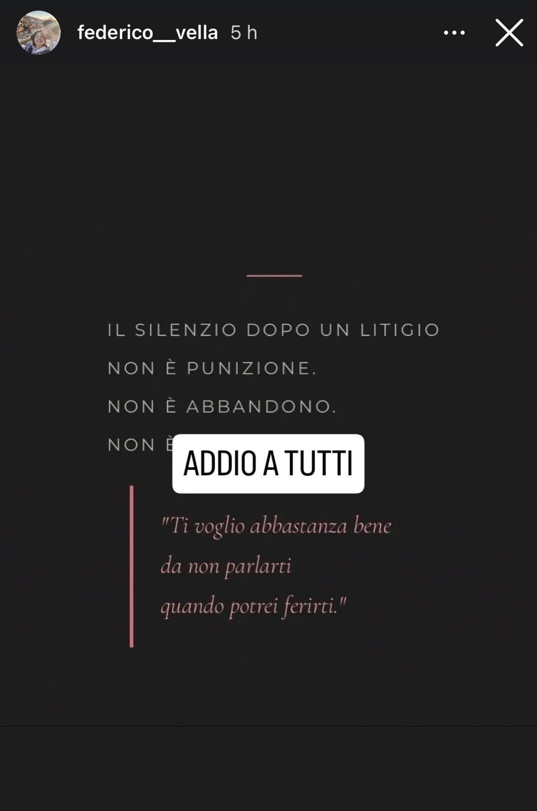 La storia Instagram pubblicata da Federico Vella con il messaggio “Addio a tutti”